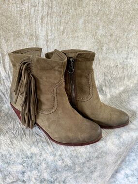 Sam Edelman Olive Green Leather Fringed Zip Booties - 8